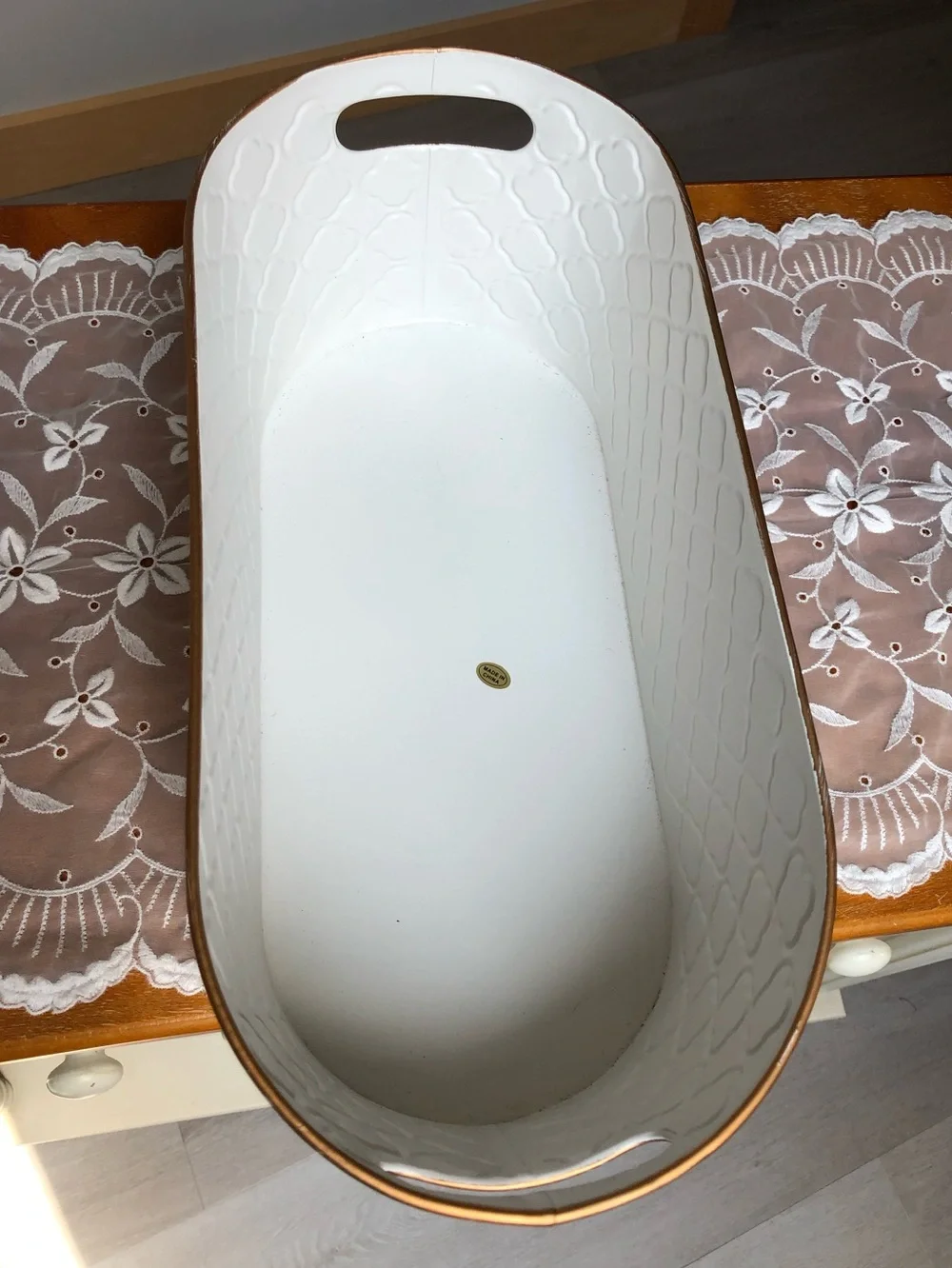 White Embossed Trellis Metal Basket With Handles